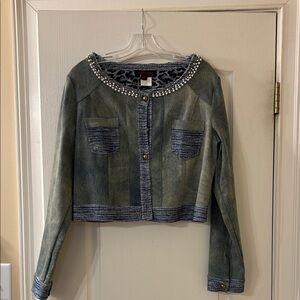 Simon Chang Blue Denim Jacket with Beaded Trim